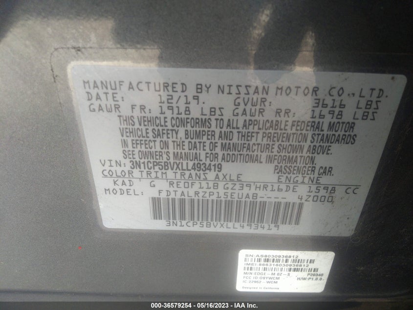 VIN 3N1CP5BVXLL493419 2020 NISSAN KICKS S