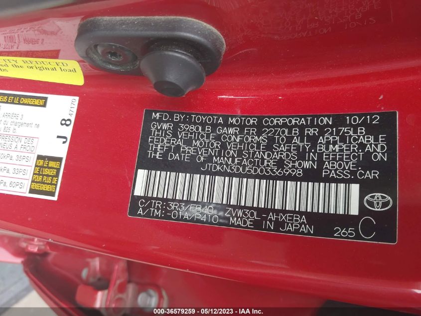 2013 TOYOTA PRIUS ONE/TWO/THREE/FOUR/FIVE - JTDKN3DU5D0336998