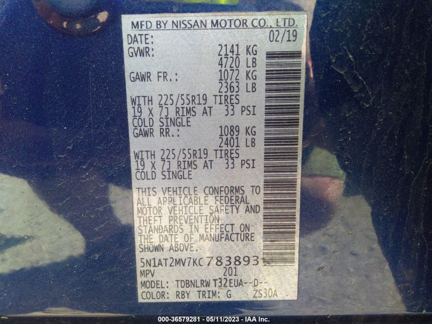 2019 NISSAN ROGUE SL - 5N1AT2MV7KC783893