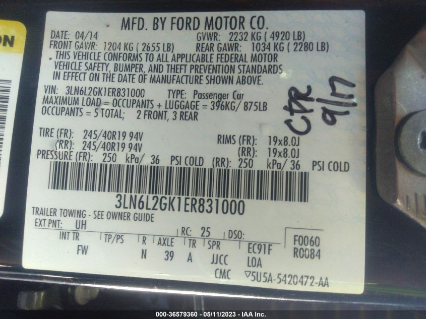 2014 LINCOLN MKZ - 3LN6L2GK1ER831000