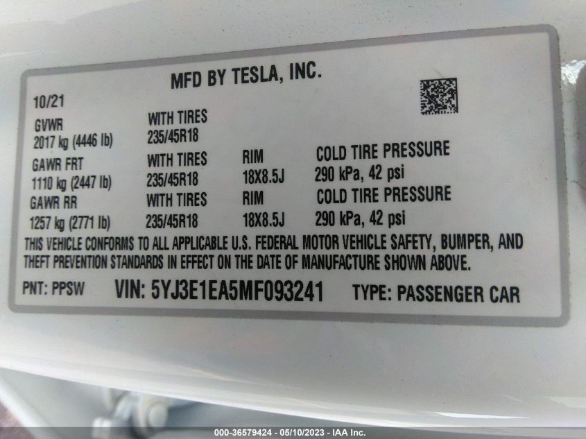 2021 TESLA MODEL 3 STANDARD RANGE PLUS - 5YJ3E1EA5MF093241