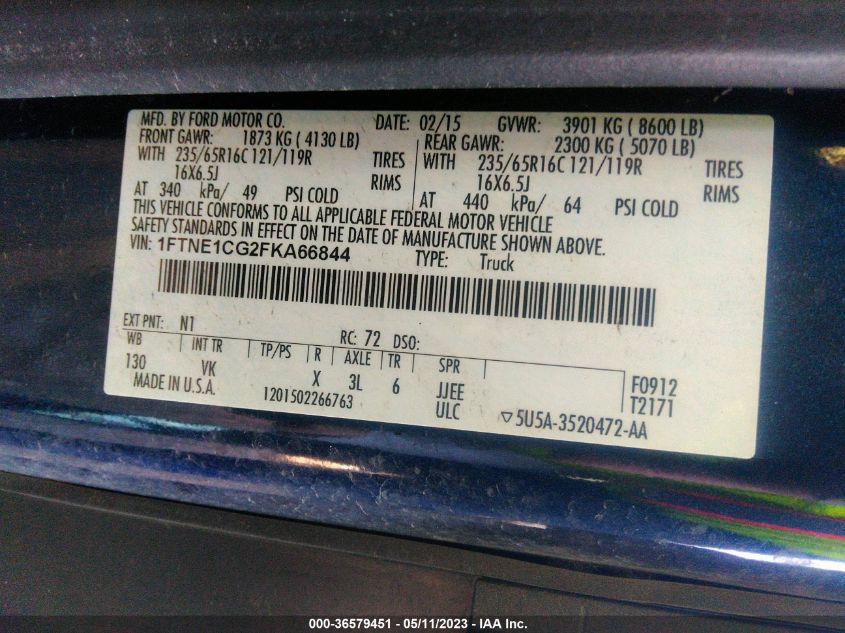 2015 FORD TRANSIT CARGO VAN - 1FTNE1CG2FKA66844