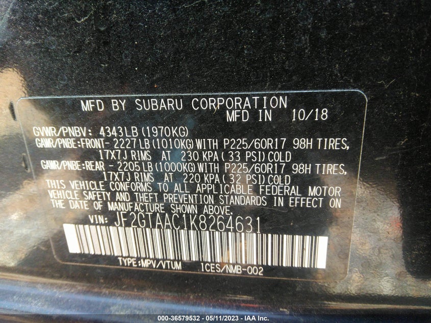 VIN JF2GTAAC1K8264631 2019 SUBARU CROSSTREK