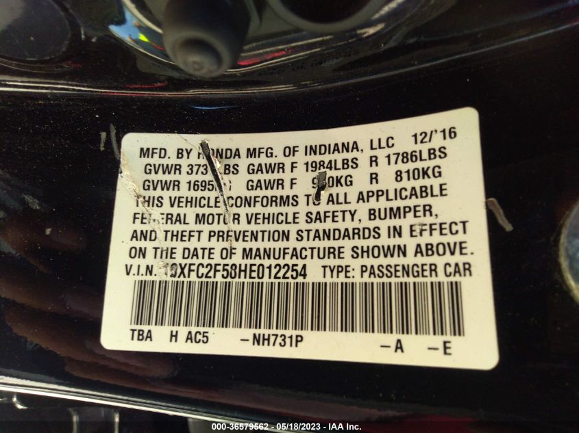 2017 HONDA CIVIC SEDAN LX - 19XFC2F58HE012254