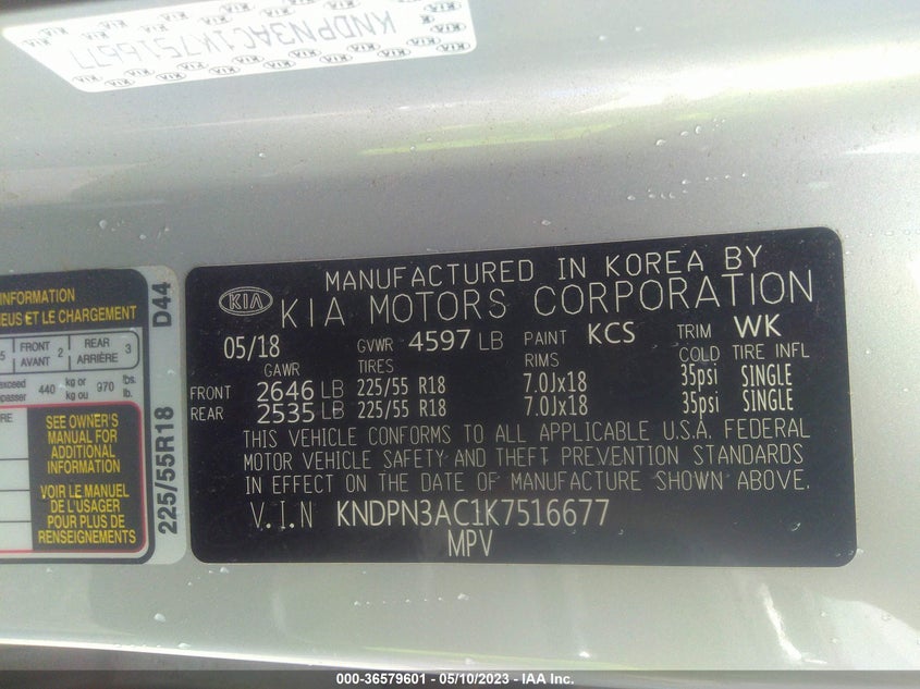VIN KNDPN3AC1K7516677 2019 KIA SPORTAGE EX