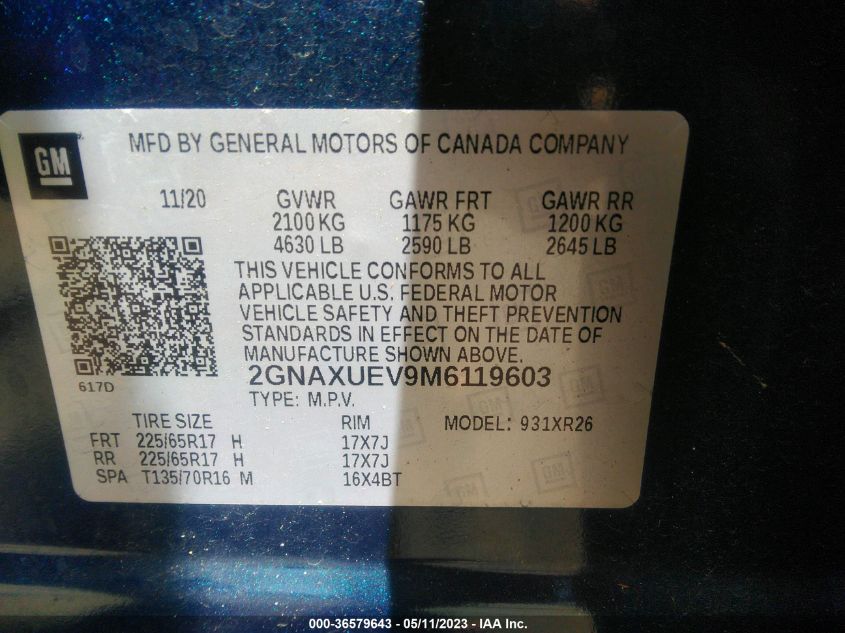 2021 CHEVROLET EQUINOX LT - 2GNAXUEV9M6119603