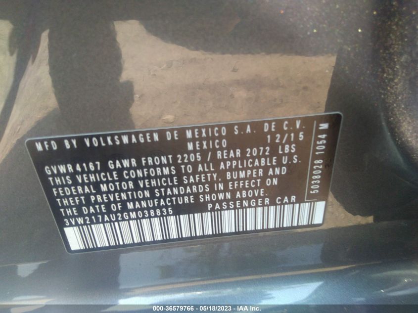 2016 VOLKSWAGEN GOLF TSI S - 3VW217AU2GM038835