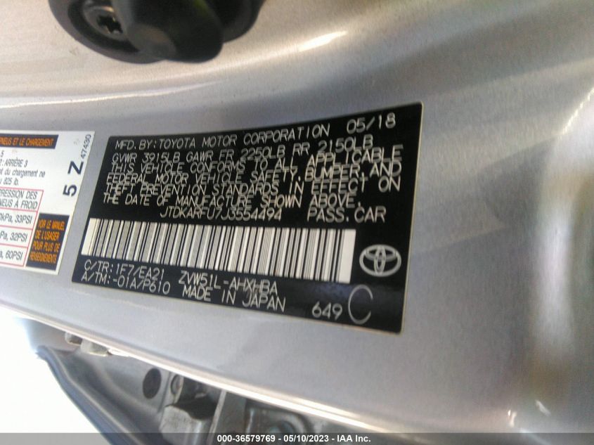 2018 TOYOTA PRIUS TWO/TWO ECO/THREE - JTDKARFU7J3554494