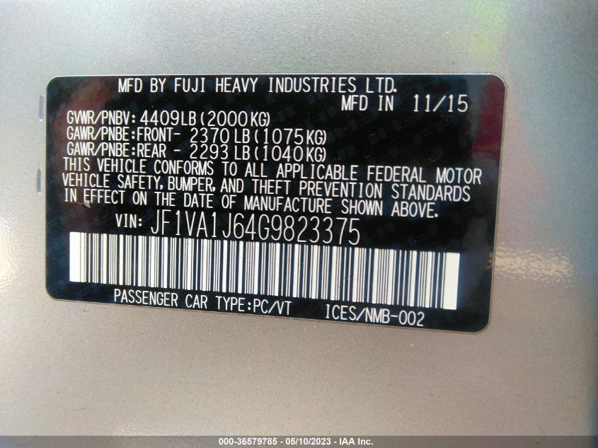 2016 SUBARU WRX LIMITED - JF1VA1J64G9823375