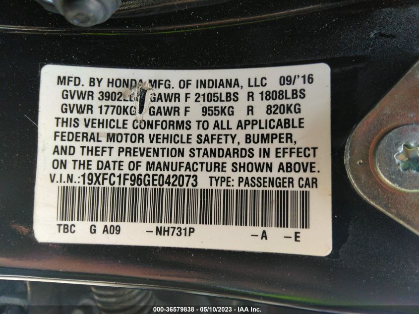 2016 HONDA CIVIC SEDAN TOURING - 19XFC1F96GE042073