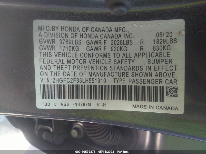 VIN 2HGFC2F83LH551910 2020 HONDA CIVIC SEDAN SPORT