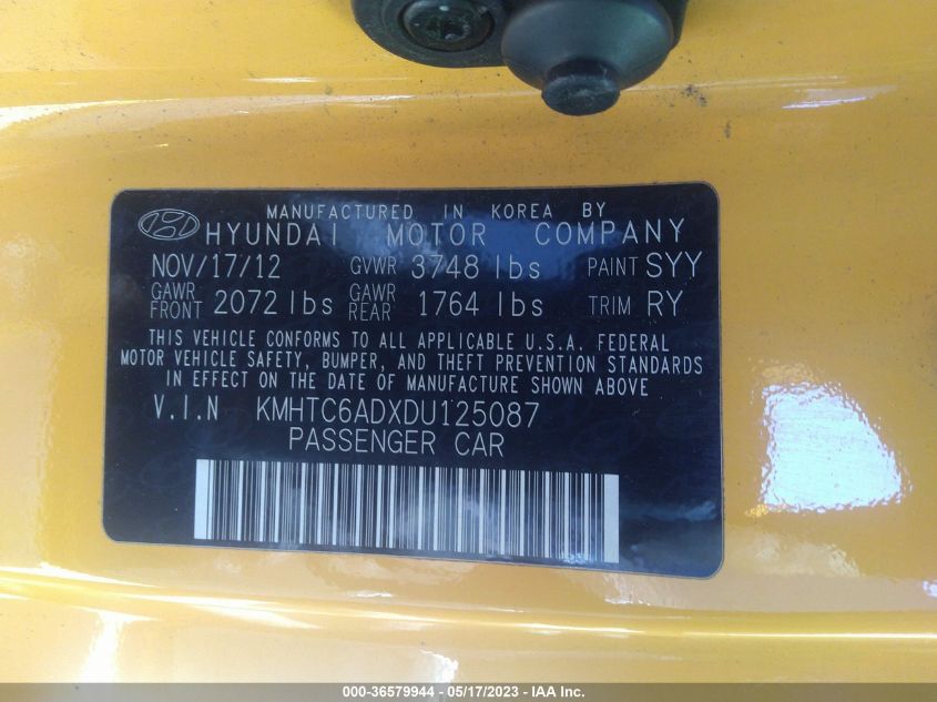 2013 HYUNDAI VELOSTER W/BLACK INT - KMHTC6ADXDU125087