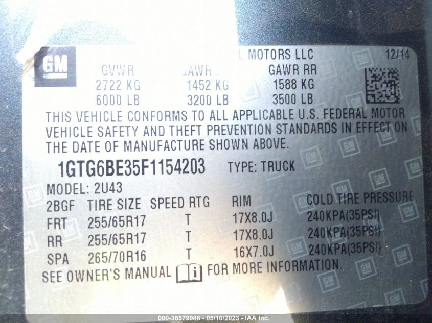 2015 GMC CANYON 4WD SLE - 1GTG6BE35F1154203