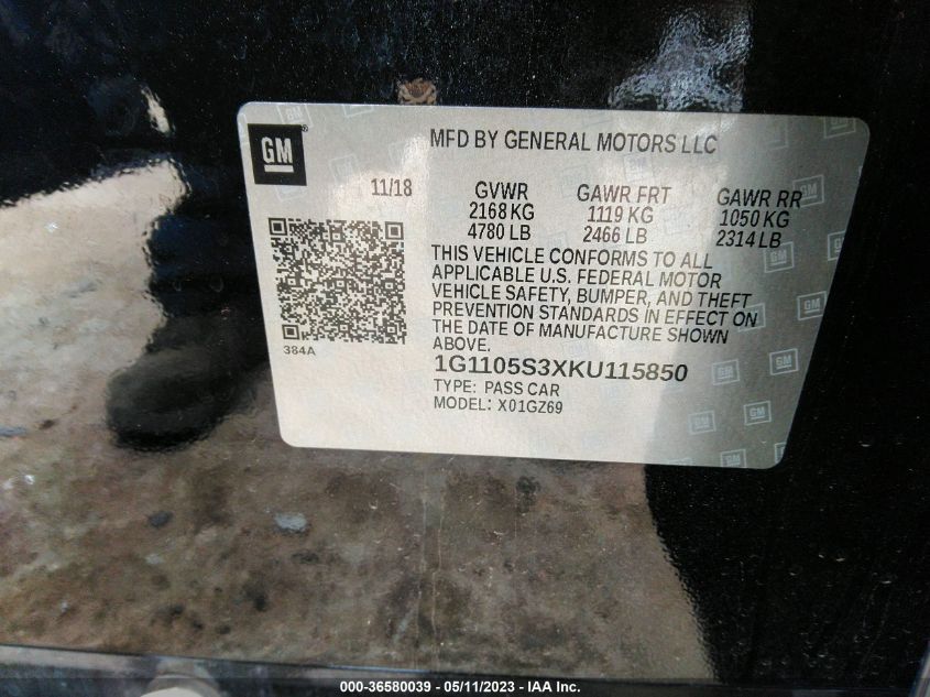 2019 CHEVROLET IMPALA PREMIER - 1G1105S3XKU115850