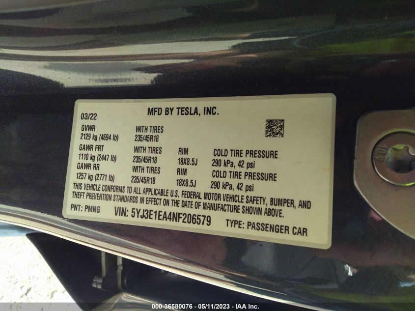 2022 TESLA MODEL 3 - 5YJ3E1EA4NF206579