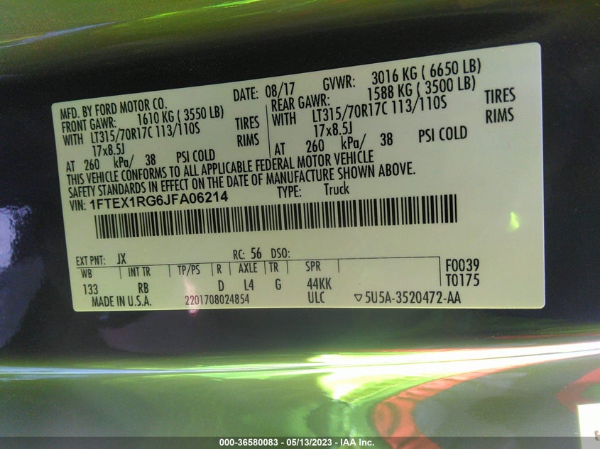 VIN 1FTEX1RG6JFA06214 2018 FORD F-150 RAPTOR