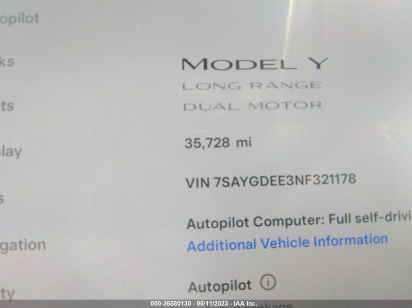2022 TESLA MODEL Y LONG RANGE - 7SAYGDEE3NF321178