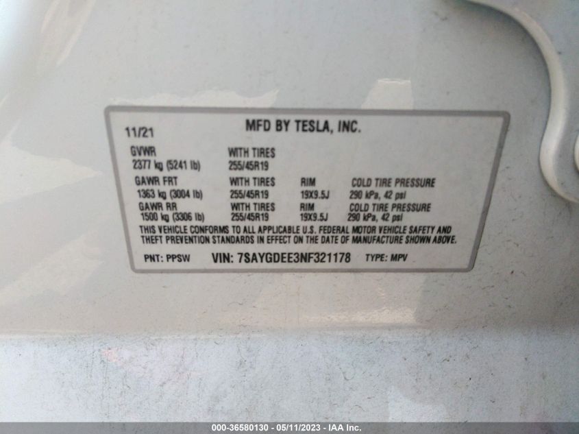 2022 TESLA MODEL Y LONG RANGE - 7SAYGDEE3NF321178