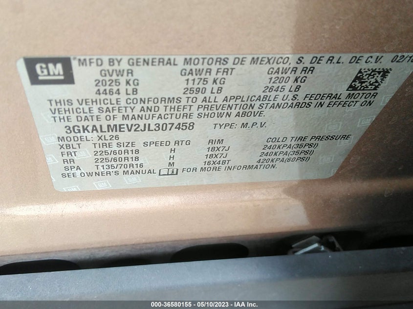VIN 3GKALMEV2JL307458 2018 GMC TERRAIN SLE