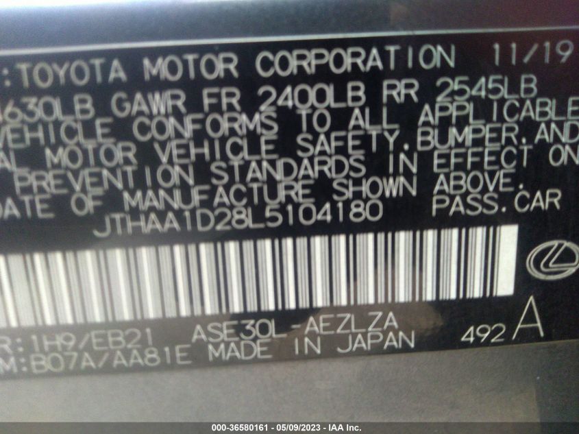 2020 LEXUS IS IS 300 - JTHAA1D28L5104180