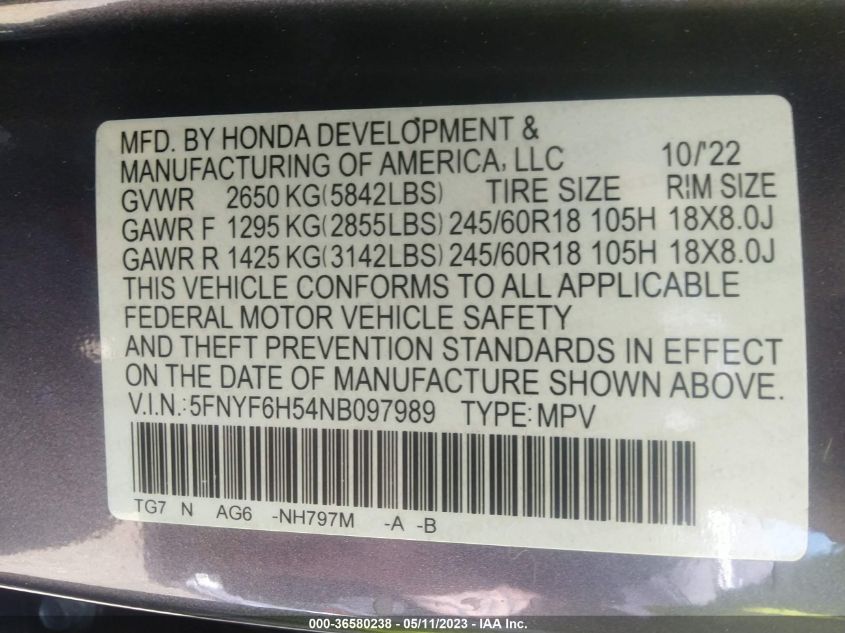2022 HONDA PILOT EX-L - 5FNYF6H54NB097989
