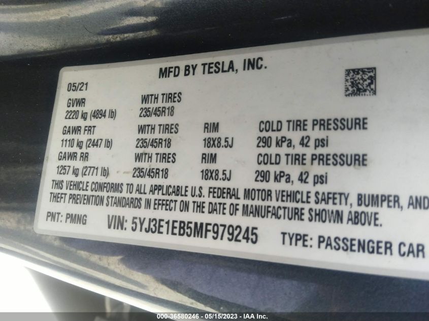 2021 TESLA MODEL 3 LONG RANGE - 5YJ3E1EB5MF979245