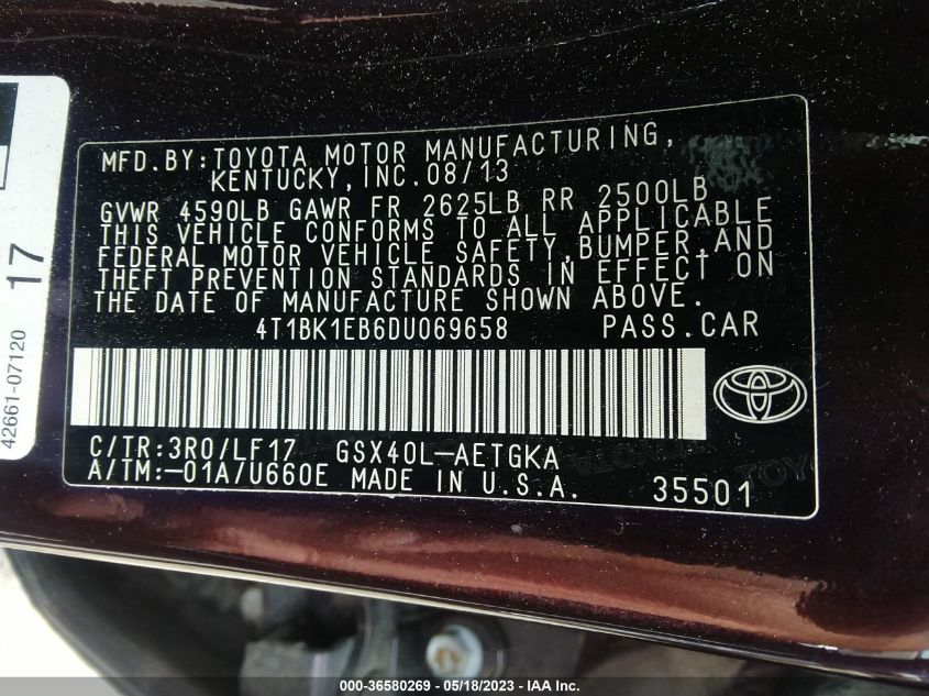 2013 TOYOTA AVALON XLE - 4T1BK1EB6DU069658