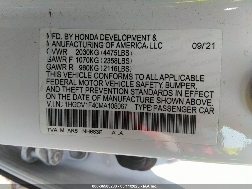 2021 HONDA ACCORD SEDAN SPORT SE - 1HGCV1F40MA108067