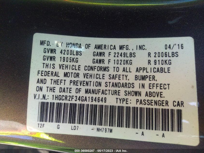 2016 HONDA ACCORD SEDAN LX - 1HGCR2F34GA194649