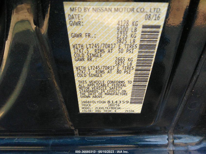 2016 NISSAN NV SV 1N6BF0LY0GN814359