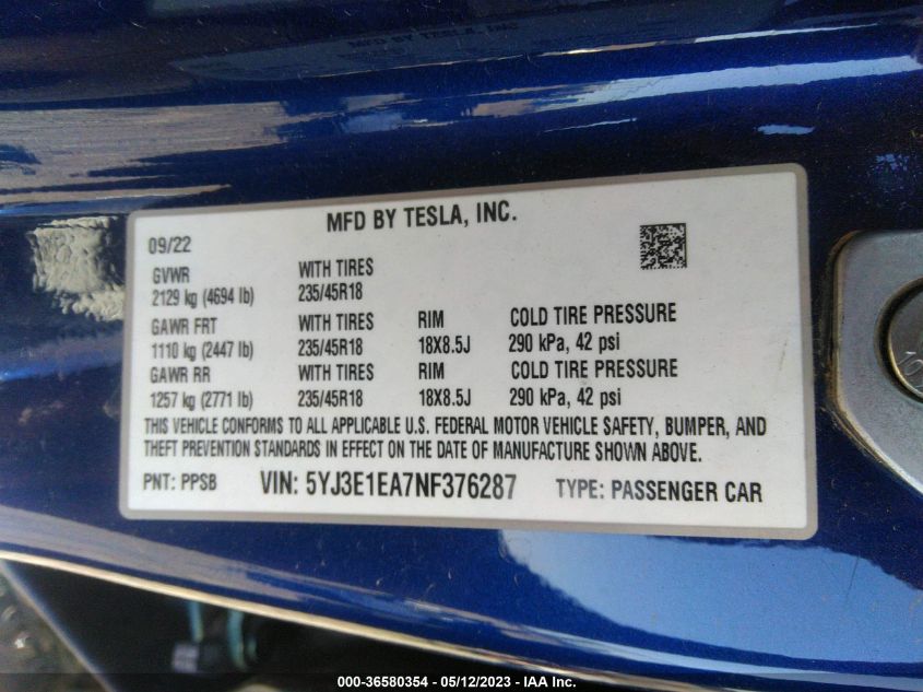 2022 TESLA MODEL 3 - 5YJ3E1EA7NF376287