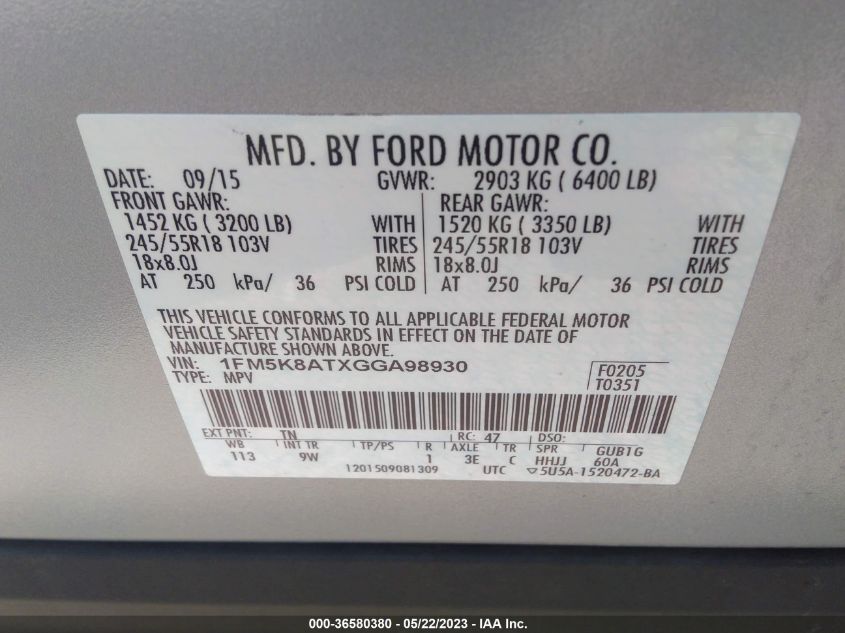 2016 FORD UTILITY POLICE 1FM5K8ATXGGA98930