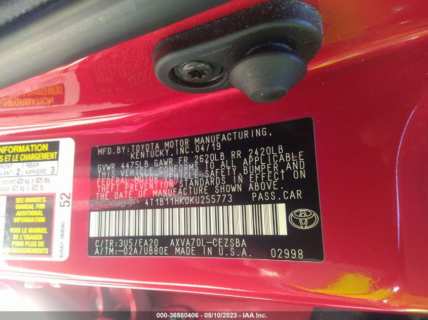 2019 TOYOTA CAMRY LE/SE/XLE/L - 4T1B11HK0KU255773