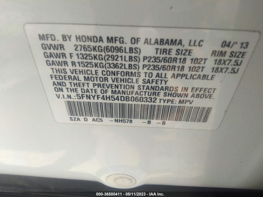 2013 HONDA PILOT EX-L - 5FNYF4H54DB060332