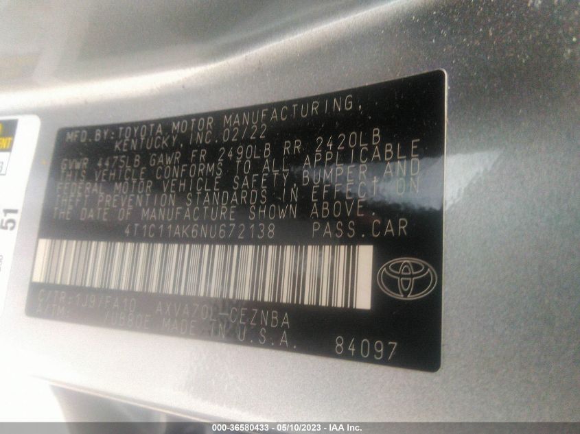 2022 TOYOTA CAMRY LE - 4T1C11AK6NU672138
