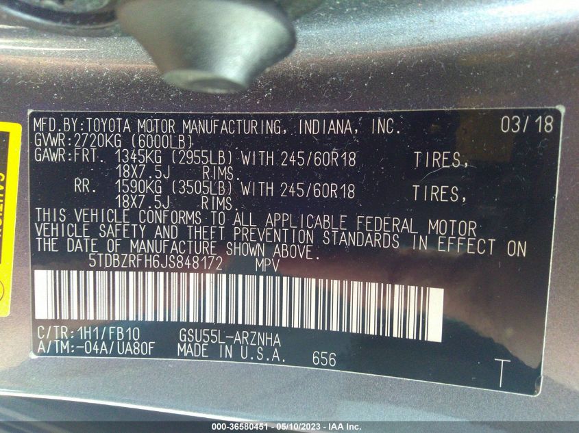 2018 TOYOTA HIGHLANDER LE - 5TDBZRFH6JS848172