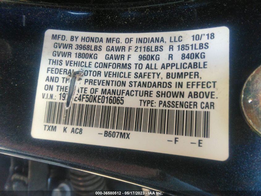2019 HONDA INSIGHT EX 19XZE4F50KE016065