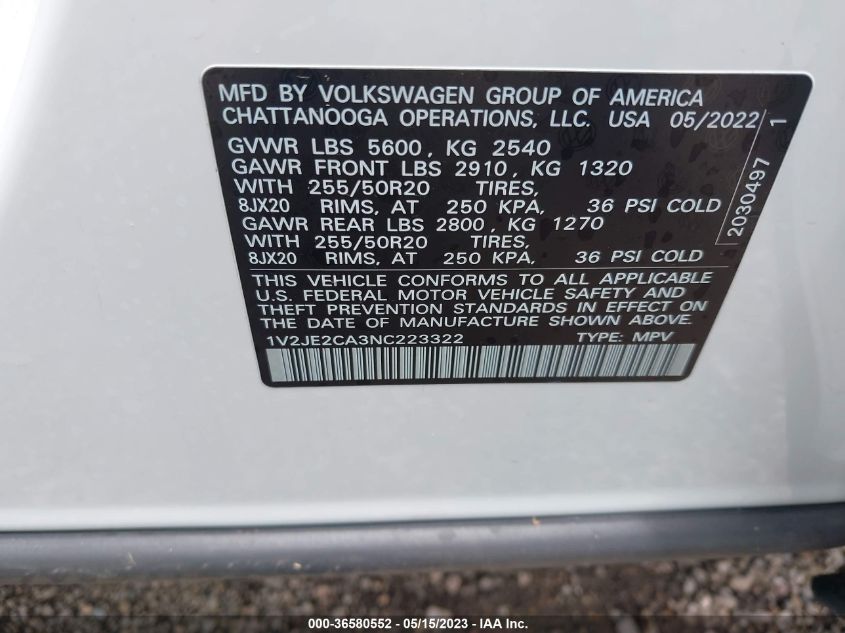 2022 VOLKSWAGEN ATLAS CROSS SPORT 3.6L V6 SE W/TECHNOLOGY - 1V2JE2CA3NC223322