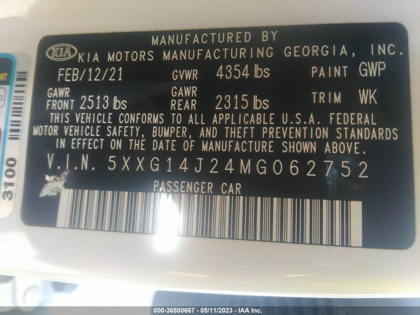 2021 KIA K5 LXS - 5XXG14J24MG062752