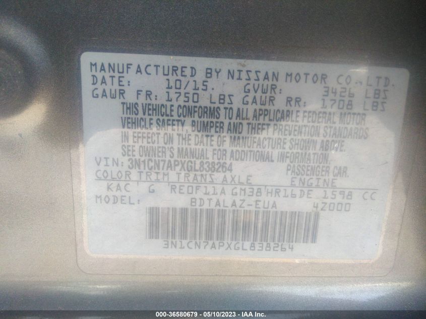 2016 NISSAN VERSA S PLUS - 3N1CN7APXGL838264