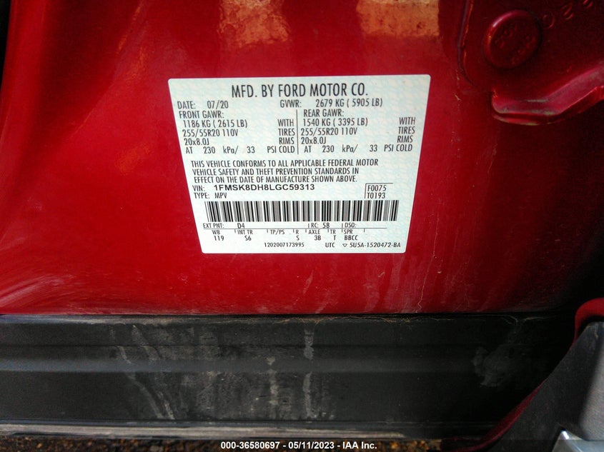 VIN 1FMSK8DH8LGC59313 2020 FORD EXPLORER XLT