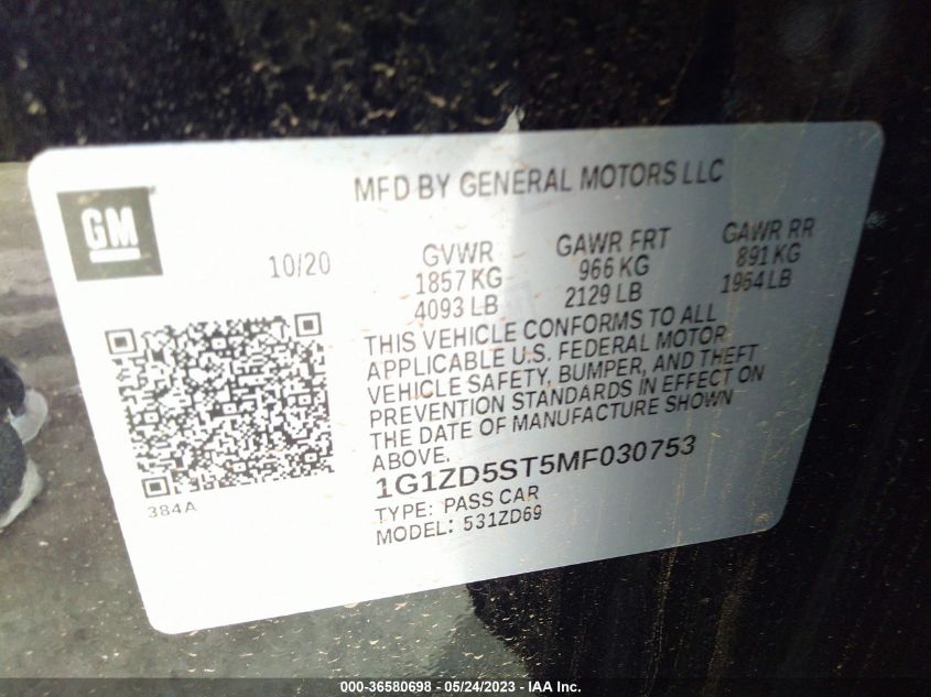 2021 CHEVROLET MALIBU LT - 1G1ZD5ST5MF030753