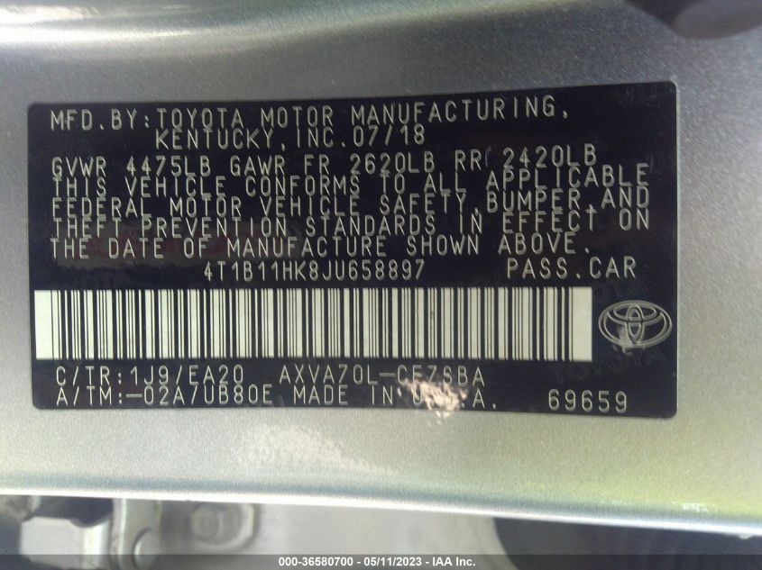 2018 TOYOTA CAMRY LE/SE/XLE/L - 4T1B11HK8JU658897
