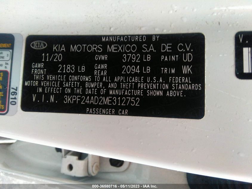 2021 KIA FORTE LXS - 3KPF24AD2ME312752