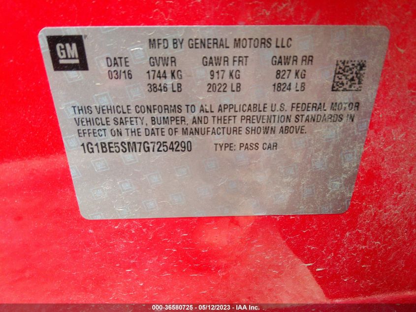 2016 CHEVROLET CRUZE LT - 1G1BE5SM7G7254290