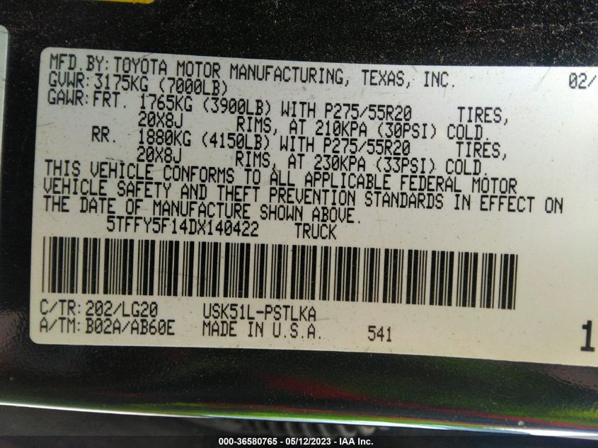 2013 TOYOTA TUNDRA 2WD TRUCK LTD/PLATINUM - 5TFFY5F14DX140422