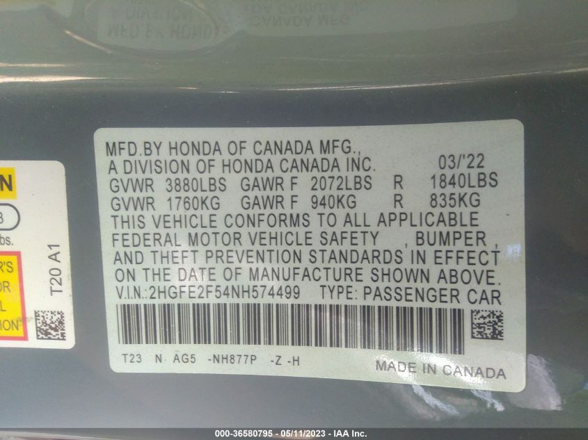 2022 HONDA CIVIC SEDAN SPORT - 2HGFE2F54NH574499