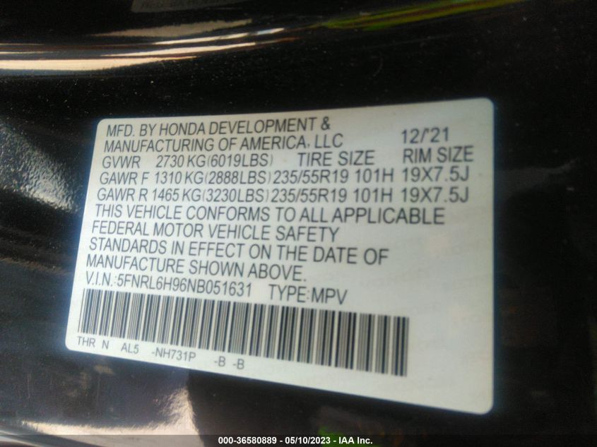 2022 HONDA ODYSSEY ELITE - 5FNRL6H96NB051631
