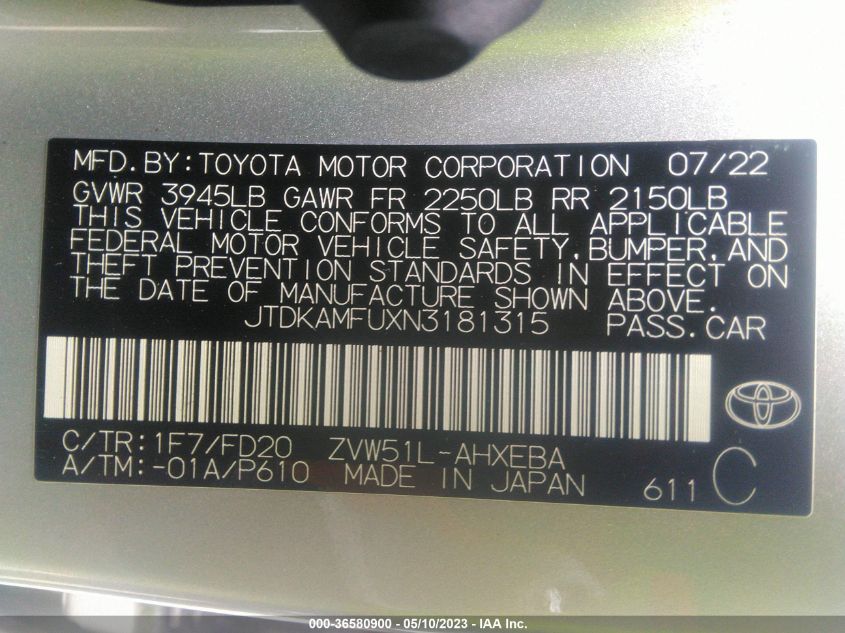 2022 TOYOTA PRIUS L - JTDKAMFUXN3181315