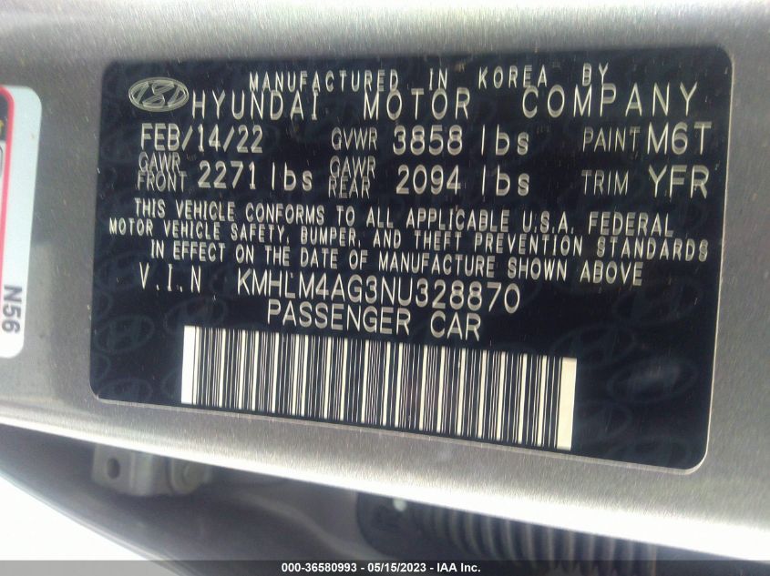 2022 HYUNDAI ELANTRA SEL - KMHLM4AG3NU328870
